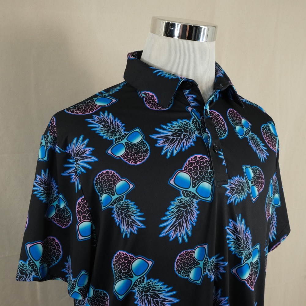Birdie Bound Large Golf Polo Shirt Black Pineapple Sunglasses Poly Blend Mens